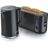 Arendo Frühstücks-Set Wasserkocher 1,5l & 2-Scheiben Langschlitz Toaster, Edelstahl, Schwarz (2-tlg), Wasserkocher mit Temperaturwahl, Toaster mit Brötchenaufsatz