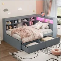 Flieks Massivholzbett, LED Einzelbett 90x200cm mit Stauraum, USB-Aufladen und Schublade