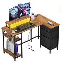 DEVAISE Computertisch Gamingtisch 111/120/140 x 80 cm Computertisch, L-förmiger Schreibtisch (Packung, Tablett mit Ständer), Computertisch mit LED, 2 USB und 2 AC-Steckdosen, für Büro