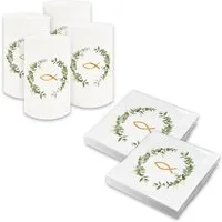 itenga Papierserviette itenga 6x Windlicht + 40x Servietten - Fisch - Eukalyptus Kranz - weiß