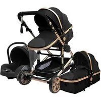 TPFFamily Kombi-Kinderwagen Babyschale Baby Buggy Babywanne 5-Punkt-Sicherheitsgurt Moskitonetz, Getränkehalter Kinderwagen 3 in 1 inkl. Großem Zubehörset Schwarz-Gold