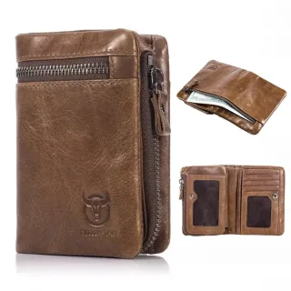 BULLCAPTAIN Men's Genuine Leather RFID Wallet Short Trifold Design Hasp Zipper Closure Card Holder Coin Pocket Money Pur