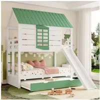 Flieks Etagenbett, Hausbett Kinderbett 90x200cm mit Ausziehbett 90x190cm, Leiter, Rutsche