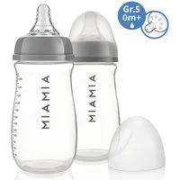 MiaMia Babyflasche PP-Flasche - Grau, 2er Pack Babyflasche 260 ml + Silikon-Trinksauger Größe S