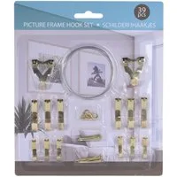 Koopman Aufhängesystem Bilderhaken Bildaufhänger Bilderrahmen Wandhaken Hakenset, 39-teilig, Messing, Montageset, div. Großen, div. Formen