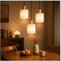 Nettlife Pendelleuchte Vintage Holz Stoff Weiß 1/3 Flammig E14 Rustikale Beleuchtung, Höhenverstellbar, LED wechselbar, Küche Wohnzimmer Restaurant Schlafzimmer Flur