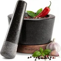 madeco Mörser Granit Mörser mit Stößel auf Holzsockel - für Gewürze & Kräuter, (Set, 2-tlg), Ø 14,5 x 10 cm, 450 ml Füllvolumen