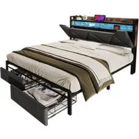 Flieks Polsterbett, LED Doppelbett mit Ladefunktion, Stauraumkopfteil, Schublade 160x200cm