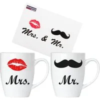BRUBAKER Tasse 2er-Set Motivtassen "Mr." und "Mrs.", 4-tlg., Keramik, Kaffeebecher in Geschenkpackung mit Grußkarte, Kussmund und Schnauzer