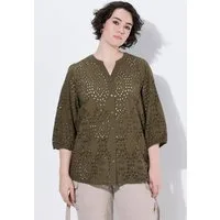 Ulla Popken Tunika Baumwoll-Bluse Stickerei V-Ausschnitt 3/4-Arm