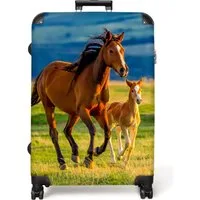 NoBoringSuitcases.com© Hartschalen-Trolley Pferde - Tiere - Landschaft - Sonne - Kinder 77 cm - 98 L, 8 Rollen, Großer Reisetasche mit Rollen für 30kg, Kinderkoffer
