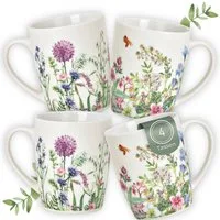 matches21 HOME & HOBBY Tasse Kaffeetassen 4er Set Wiesen-Blumen Frühling Sommer 8 cm, 300 ml, 4-tlg., Porzellan, Spülmaschinenfeste Vintage Tee Kaffee-Becher weiss bunt