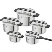 Zwilling Topf-Set More, Edelstahl 18/10 (Set, 5-tlg., 4 Kochtöpfe (16, 20, 22, 24 cm), 1 Stieltopf (18 cm), Stapelbar, innovativer Deckel, Kühlbleibende Griffe, Deckelhalterung