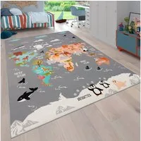 Paco Home Kinderteppich Bino 581, rechteckig, Höhe: 4 mm, Spielteppich, Motiv Weltkarte & Tiere, Kinderzimmer