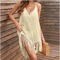 MOPUEA Sommerkleid luftiges Sommerkleid mit spaghettiträgern und sexy fransenlook (Strandkleid für Urlaub, Pool und entspannte Sommertage, Leicht faltbar, ideal für Reisen ohne viel Gepäck) Luftig, locker, knitterarm und angenehm kühl
