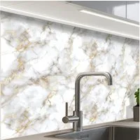 KitchenYeah Küchenrückwand Muster selbstklebend (keine Folie) Goldene Adern - Marmor - Weiß, (1-tlg), Spritzschutz, Küche, Rückwand, Küchenwand, Küchenfront, 30x20 cm