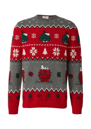 s.Oliver Red Label - Weihnachtspullover aus reiner Baumwolle mit Peanuts-Motiv grau/rot - Gr. - XXL