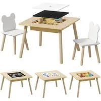 AIYAPLAY Kindersitzgruppe mit Stauraum umklappbarer abnehmbarer Tischplatte, (Kindertisch mit 2 Stühlen, 3-tlg., Kinder Tisch Stuhl Set), für Kinderzimmer, für 3-6 Jahre Kinder, Naturholz
