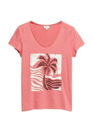 s.Oliver Red Label - T-Shirt mit V-Ausschnitt und Frontprint pink - Gr. - 34