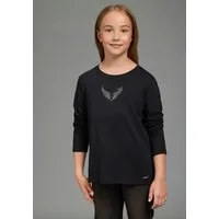 Bruno Banani Langarmshirt Shirt mit Strass-Stein Applikation vorne und groß hinten Langarmshirt mit Engelsflügel-Applikation, hüftlange Basic-Passform