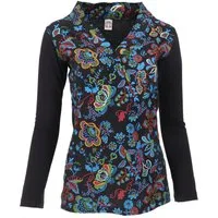 Guru-Shop Longsleeve Besticktes Langarmshirt mit V-Neck Flower Power.. alternative Bekleidung