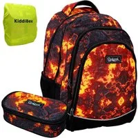 KiddiBex Schulrucksack Jungen Schulranzen ab 5. Klasse mit Brustgurt (Set, 3-tlg., Schulrucksack, Regenschutz, Mäppchen), Rucksack Teenager Schule Schultasche - Ergonomischer Schulranzen Lava