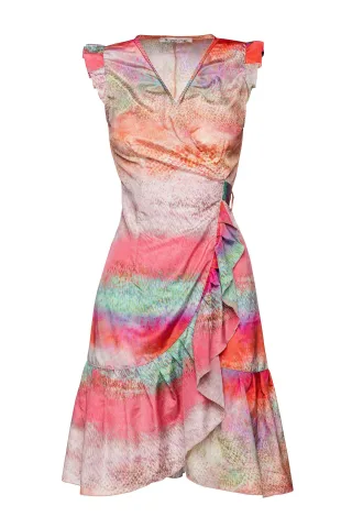 Kleid aus leichtem Satin mit abstraktem Druck in Sonnenuntergangsfarben