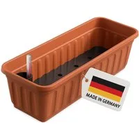 ALPFA Balkonkasten 80 cm terracotta mit Wasserspeicher Made in Germany Blumenkasten (Spar-Set, 1 St., Balkonkasten mit Bewässerungssystem und Abstandshalter), wetterfest pflegeleicht langlebig frostsicher