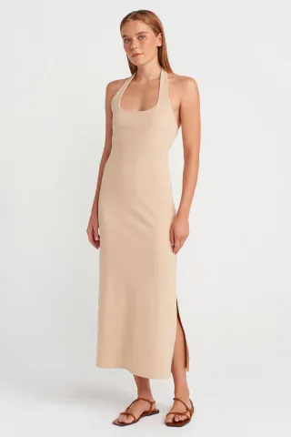 Rippstrick-Halter-Midikleid mit Schlitz