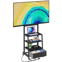 OYRREU Konsolen-Halterung höhenverstellbarer TV-Ständer mit Rollen, für große Displays, (bis 75 Zoll, Touchscreen Halterung, Bildschirmwagen, Präsentationsständer, TV-Standfuß, mobiler Bodenständer drehbaren Rädern, inkl. Steckdose & Schublade, viels
