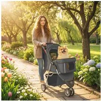 PawHut Hundebuggy Katzenwagen mit verstellbar Verdeck Aufbewahrungskorb Getränkehalter, (Faltbar Hundewagen, 1-tlg), für kleine Hunde bis 10kg, Dunkelgrau