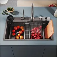 SONNI Küchenspüle Spülbecken/Multifunktionales Küchenspülbecken,80cm/75cmBreite wählbar., Ohne HD-LED, 75/45 cm, Küchenspüle aus Edelstahl Edelstahlspüle, Einbauspüle, Küchenspüle aus Edelstahl Edelstahlspüle, Einbauspüle Mit/Ohne HD-LED