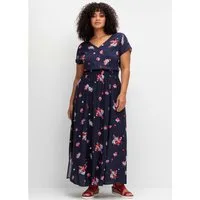 Sheego Etuikleid Maxikleid Kurzarm mit Alloverdruck und gesmokter Taille