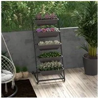 Outsunny Pflanzentreppe mit Rollen Töpfe (145 cm hoch Blumenständer, 1 St., 5-Etagen Pflanzenständer), für Garten Balkon, Braun