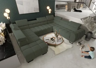 Wohnlandschaft Schlafsofa BASTIEN XL in Stoff Gemma Dunkelgrün Ottomane Links