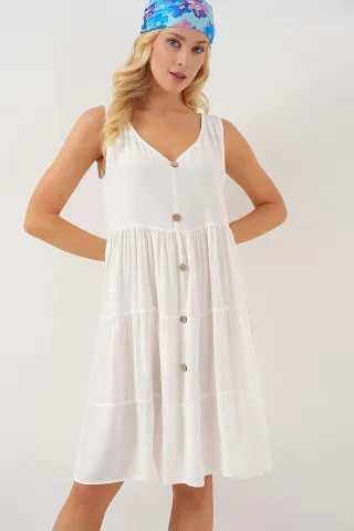 Ärmelloses Mini-Kleid mit V-Ausschnitt und Knopfdetails