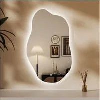 WDWRITTI Schminkspiegel mit beleuchtung wandmontage Spiegel mit beleuchtung für schminktisch (LED Spiegel Wandspiegel Asymmetrisch, Wolke, 62x90cm, 52x85cm), 3Lichtfarben, Dimmbar, Speicherfunktion