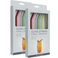 PerloPur Wasserkaraffe 12 Glasstrohhalme bunt (gebogen) Strohhalm Glas + 2 Reinigungsbürsten, Strohhalm aus Glas mit 2 Reinigungsbürsten