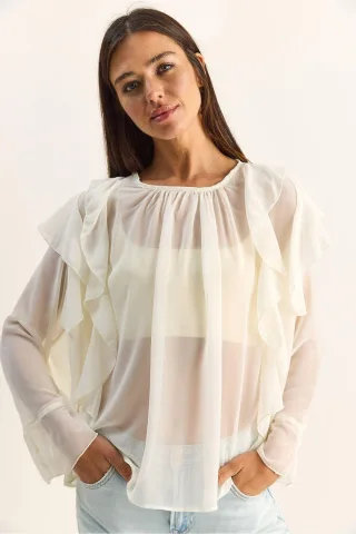 Rüschen-Chiffon Rundhalsausschnitt-Bluse
