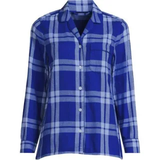 Gemustertes Pyjamahemd aus reinem Baumwoll-Flanell für Damen in Petitegröße, Damen, size: petite, Blau, Baumwolle, by Lands' End