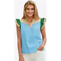 Imily Bela Blusenshirt Damen Kurzarm mit Colorblocking Rüschenärmeln und V-Ausschnitt (Packung, 1-tlg., 1per-Pack) aus Baumwolle