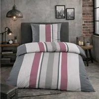 Casa Colori Bettwäsche Renforce Ganzjahres Bettgarnitur 135x200 cm, Renforce, 2 teilig, Grau Anthrazit Beere gestreift