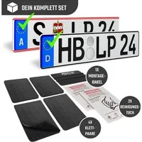 L & P Car Design Kennzeichenhalter Kennzeichenhalter rahmenlos Auto Motorrad Roller 4 Stück 10cm x 5,5cm, (2 Paar (4x Klett / 4x Flausch)