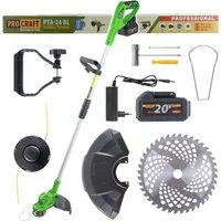 PRO CRAFT Akku-Rasentrimmer Procraft PTA24 BL Akku Trimmer 20 V 150 mm + 1x Akku 3,0Ah + Ladegerät