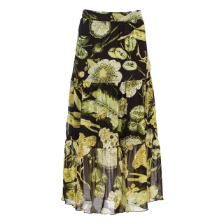 Blumenmuster-Rock aus transparentem Stoff – Stufenoptik, semi-maxi Länge, elastischer Bund