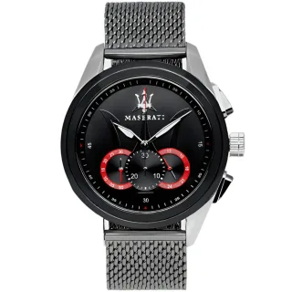 Maserati Traguardo Herren-Chronographenuhr mit schwarzem Zifferblatt und silbernem Mesh-Armband