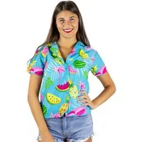 King Kameha Hawaiihemd Flamingo Melone Funky Hawaiibluse Damen Kurzarm Front-Tasche Stylish