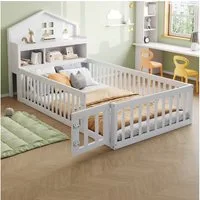Flieks Kinderbett, Holzbett Bodenbett Hausbett 90x200cm mit Stauraum und Kreidetafel