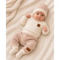 La Bortini Erstausstattungspaket Baby Anzug Langarmshirt Hose Mütze Socken neutral in braun (4-teilig, weich, für Jungen und Mädchen, Erstlingsset für Neugeborene, Shirt, Mitwachshose, Haube, Strümpfe) unisex, gestreift, 44 50 56 62 68 74 80