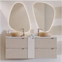 Lomadox Badmöbel-Set NEWPORT-56-CASHMERE, (Spar-Set, 3-St., LED-Spiegel Doppelwaschtisch), mit 140cm Waschtisch, Keramikwaschbecken, kaschmir mit weiß
